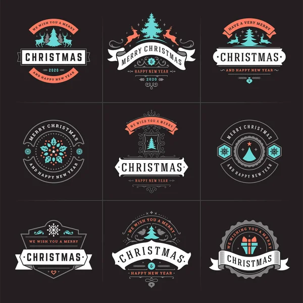 Frohe Weihnachten Vektor verzieren Etiketten und Abzeichen Set, frohes neues Jahr und Feiertage wünscht Typografie für Grußkarten — Stockvektor