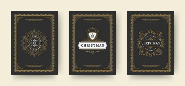 Tarjetas de felicitación navideñas diseño tipográfico vintage, adornos adornados símbolos con abeto, deseos de vacaciones de invierno — Vector de stock
