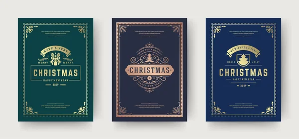 Cartes de vœux de Noël design typographique vintage, décorations ornées de symboles avec sapin, voeux de vacances d'hiver — Image vectorielle