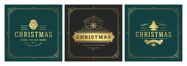 Banderas cuadradas de Navidad diseño tipográfico vintage, adornos adornados símbolos con deseos de vacaciones de invierno — Vector de stock