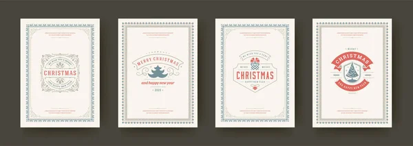 Tarjetas de Navidad conjunto vintage diseño tipográfico adornado decoraciones símbolos con vacaciones de invierno deseo vector ilustración — Vector de stock