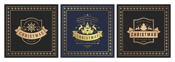Bandeiras quadradas de Natal design tipográfico vintage, decorações ornamentadas símbolos ilustração vetorial — Vetor de Stock