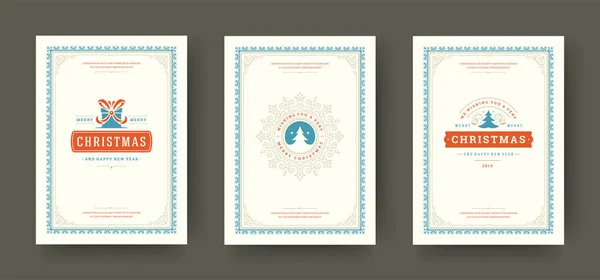 Ensemble de cartes de vœux de Noël design typographique vintage, illustration vectorielle de symboles de décoration ornée — Image vectorielle