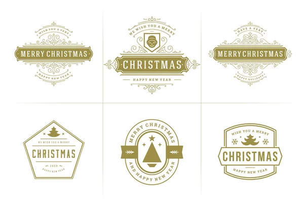 Weihnachtsvektortypografie verziert Etiketten und Abzeichen, frohes neues Jahr und Winterurlaubswünsche Vektorillustration — Stockvektor