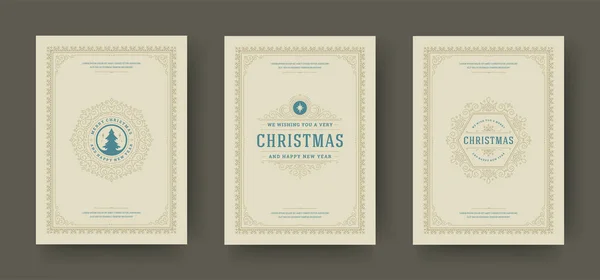 Navidad tarjetas de felicitación conjunto diseño tipográfico vintage, decoración adornada símbolos vector ilustración — Vector de stock