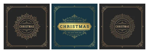 Bandeiras quadradas de Natal design tipográfico vintage, decorações ornamentadas símbolos ilustração vetorial — Vetor de Stock