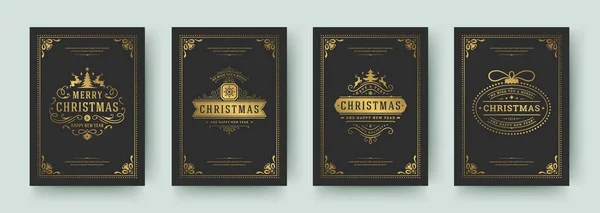 Tarjetas de felicitación de Navidad conjunto diseño vintage, adornado símbolos de decoración y vacaciones de invierno deseos vector ilustración — Vector de stock