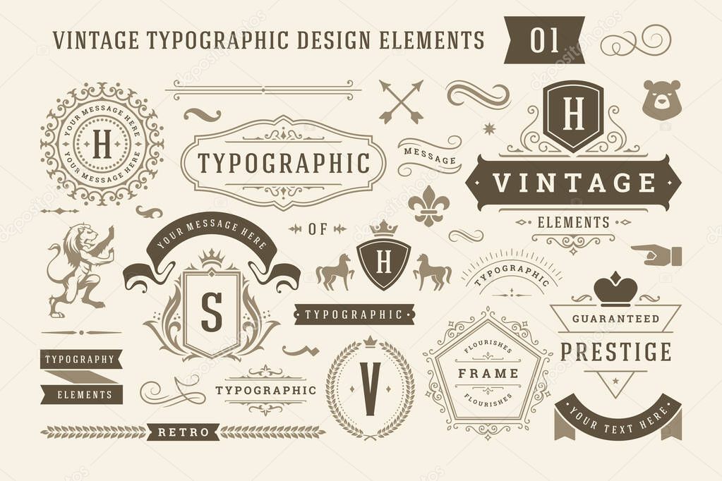 Vintage typographic design elements set vector illustration. Labels and badges, retro ribbons, luxury ornate logo symbols, calligraphic swirls, flourishes ornament vignettes and other.