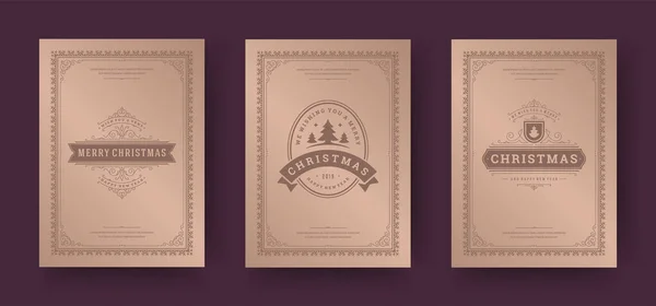 Diseño de tarjetas de felicitación de Navidad, símbolos decorativos adornados con árbol, deseos de vacaciones de invierno tipografía vintage — Vector de stock