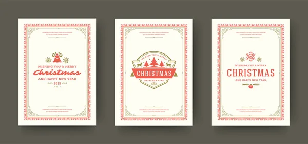 Navidad tarjetas de felicitación conjunto diseño tipográfico vintage, decoración adornada símbolos vector ilustración — Vector de stock