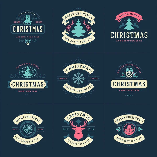 Feliz Navidad vector adornado etiquetas e insignias conjunto, feliz año nuevo y días festivos deseos tipografía para tarjetas de felicitación — Vector de stock