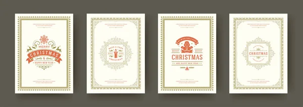 Cartões de Natal conjunto vintage tipográfico design ornamentado decorações símbolos com feriados de inverno desejo vetor ilustração —  Vetores de Stock