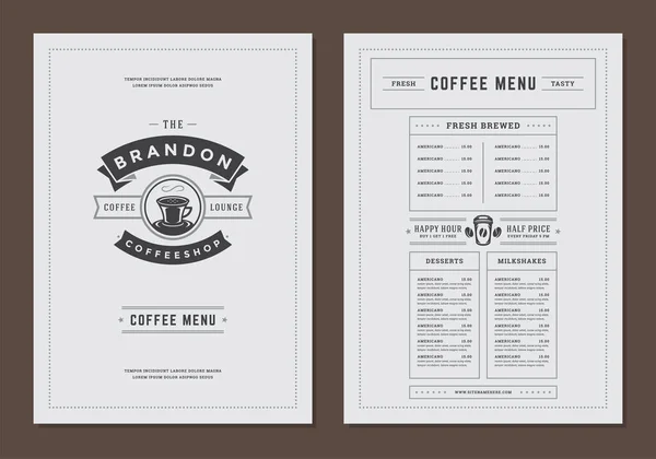 Kahve dükkanı logosu simgesi ve eski tipografik dekorasyon unsurları olan kafe için kahve menüsü tasarım broşürü. — Stok Vektör