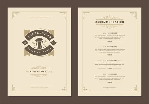 Šablona nabídky kávy design leták pro kavárnu s logem kavárny symbol pohár a retro typografické dekorační prvky. — Stockový vektor