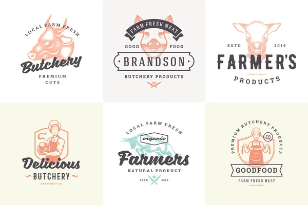 Logotipos e rótulos desenhados à mão animais de fazenda com tipografia vintage moderna ilustração vetorial de conjunto de estilo desenhado à mão . —  Vetores de Stock