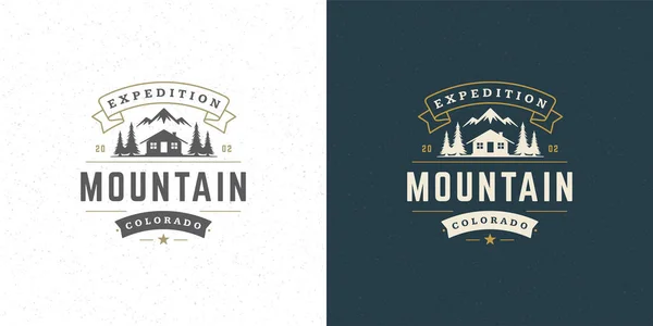 Forest camping logo emblem vector summer camping illustration mountains with cabin and pine trees silhouettes — Stock Illustration Forest camping logo emblem vector summer camping illustration mountains with cabin and pine trees silhouettes Stock Illustration
