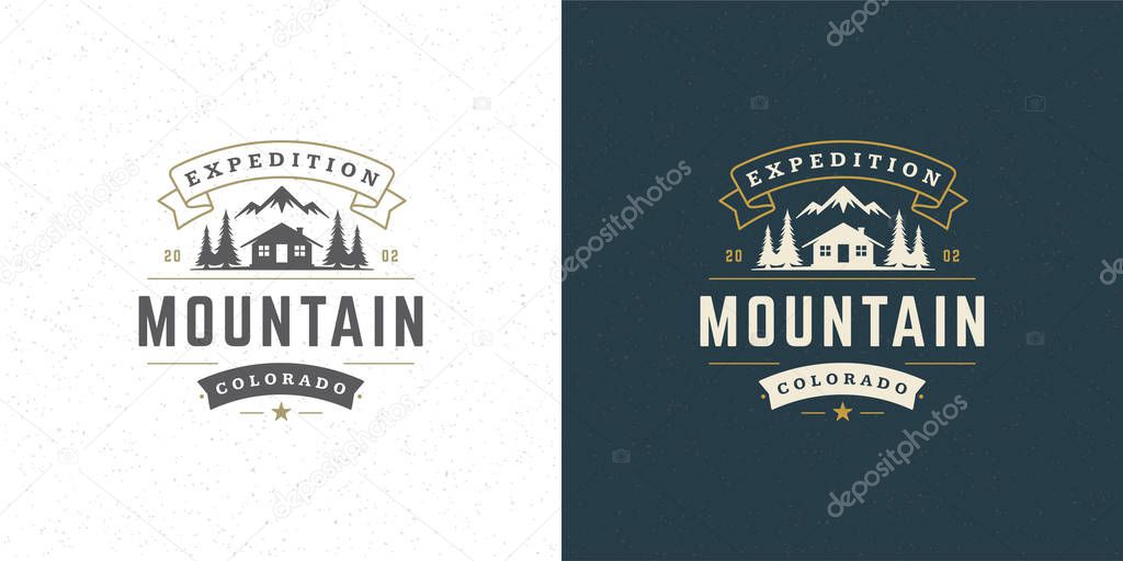 Forest camping logo emblem vector summer camping illustration mountains with cabin and pine trees silhouettes for shirt or print stamp. Vintage typography badge design.