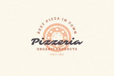 Logo pizza silueti ve modern vintage tipografi el çizimi biçim vektör çizimi.