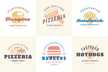 Modern vintage tipografi el çizimi stil çizimi vektör illüstrasyonlu fast food logoları ve etiketleri oyuluyor.
