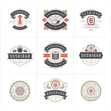 Suşi restoranının logoları ve rozetleri suşi somonlu Japon yemeklerini siluet vektör çizimine ayarlıyor.