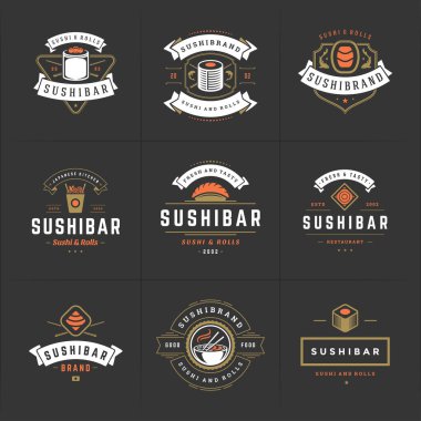 Suşi restoranının logoları ve rozetleri suşi somonlu Japon yemeklerini siluet vektör çizimine ayarlıyor.