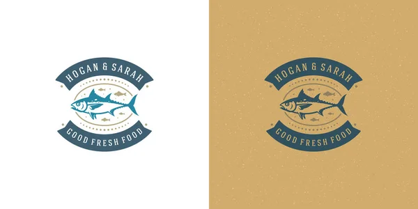 Seafood logotipo ou sinal vetor ilustração mercado de peixe e restaurante emblema modelo design atum peixe silhueta — Vetor de Stock
