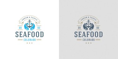 Deniz ürünleri logosu veya vektör illüstrasyon balık pazarı ve restoran amblemi tasarım somon balığı silueti