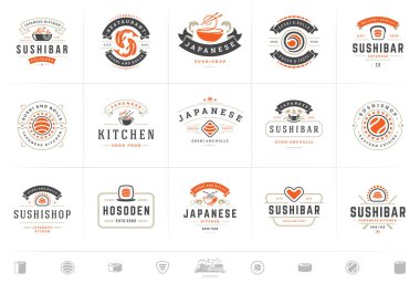 Suşi restoranının logoları ve rozetleri suşi somonlu Japon yemeklerini siluet vektör çizimine ayarlıyor.