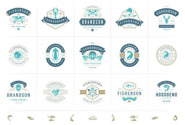 Deniz ürünleri logoları veya tabelalar vektör illüstrasyon balık pazarı ve restoran amblemleri dizayn etme şablonu