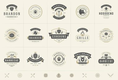 Grill and barbecue logos set vector illustration steak house or restaurant menu badges with bbq food silhouettes clipart