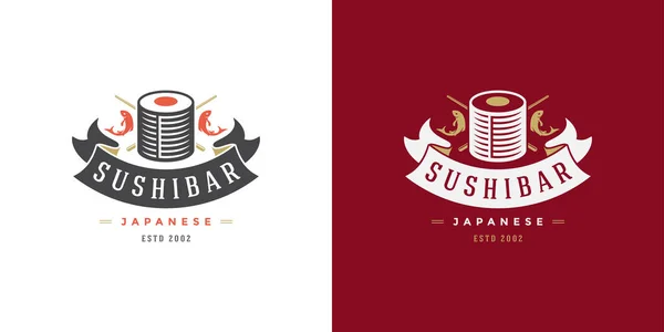 Sushi logo et insigne restaurant alimentaire japonais avec sushi et saumon rouleau asiatique silhouette de cuisine vectorielle illustration — Image vectorielle