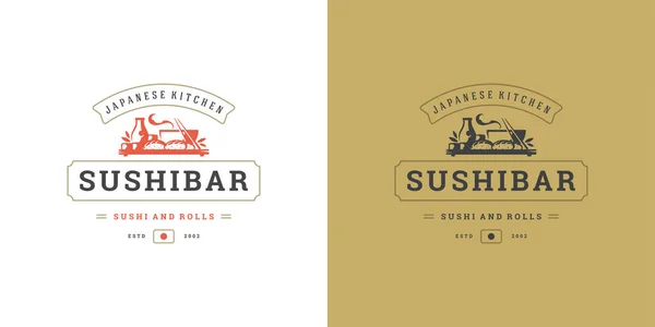 Sushi logotipo y la insignia comida japonesa restaurante con sopa de fideos ramen cocina asiática silueta vector ilustración — Vector de stock