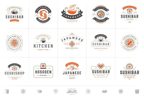 Logotipos y distintivos del restaurante Sushi set comida japonesa con sushi salmón rollos siluetas vector ilustración — Vector de stock