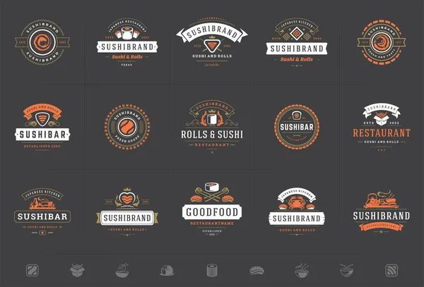 Logotipos y distintivos del restaurante Sushi set comida japonesa con sushi salmón rollos siluetas vector ilustración — Archivo Imágenes Vectoriales