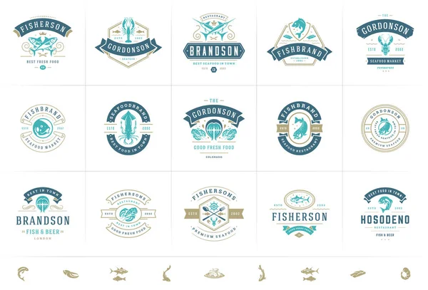 Loga nebo značky mořských plodů set vektorové ilustrace rybí trh a restaurace emblémy šablony design — Stockový vektor