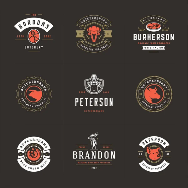 Slagerlogos set vector illustratie goed voor boerderij of restaurant badges met dieren en vlees silhouetten — Stockvector