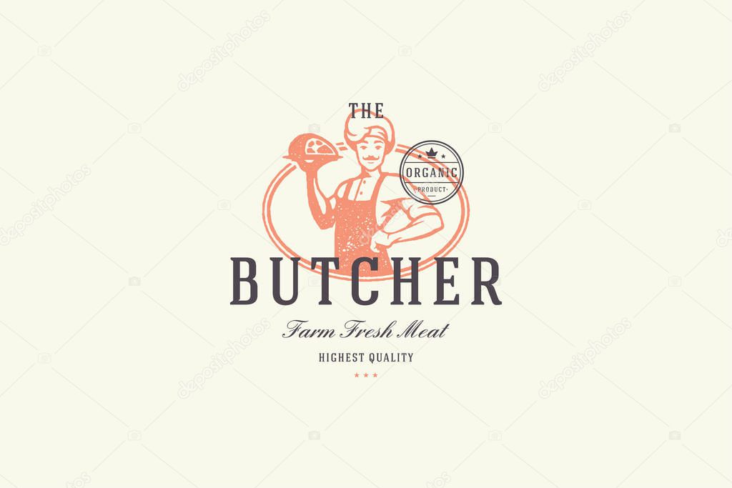 Hand drawn logo male butcher holding meat silhouette and modern vintage typography retro style vector illustration.