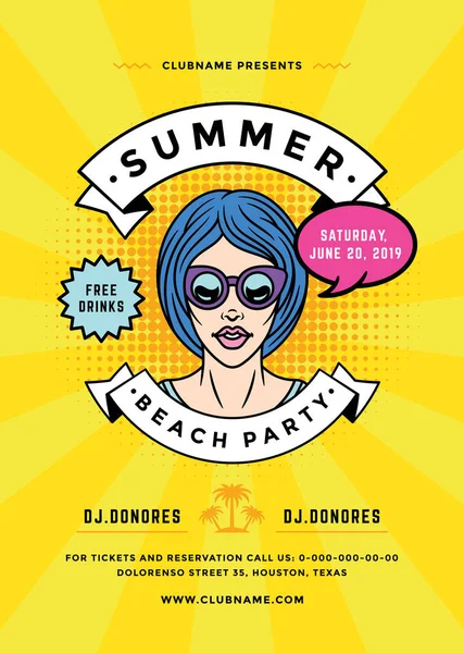 Summer Beach part Flyer eller affisch mall 90s Pop Art typografi stil design. — Stock vektor