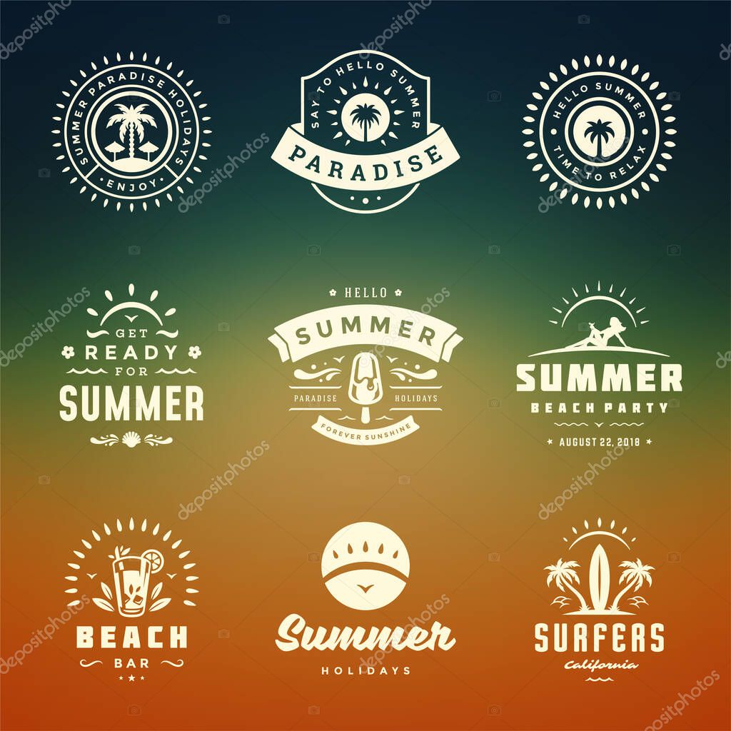 Summer holidays labels and badges retro typography design set. Templates for greeting cards, posters and apparel design. Vector illustration.