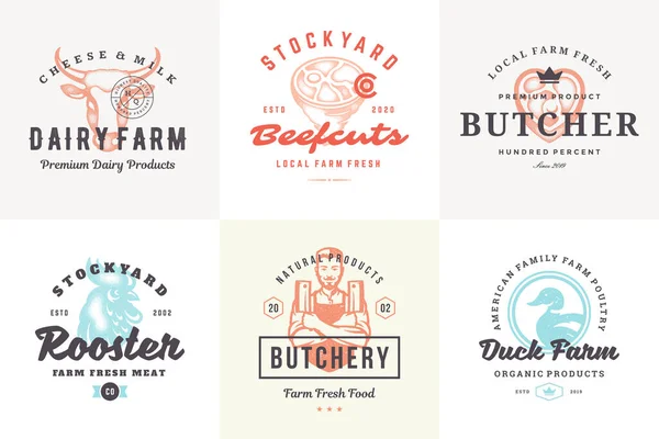 Logotipos y etiquetas dibujadas a mano animales de granja con tipografía vintage moderna ilustración vectorial de estilo dibujado a mano — Vector de stock