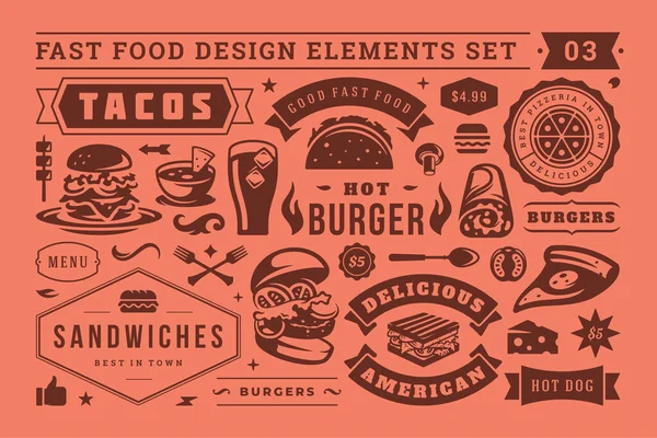 Fast food e cartelli stradali e simboli con elementi di design tipografico retrò set vettoriale per la decorazione del menu del ristorante — Vettoriale Stock