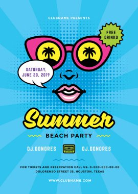 Yaz plaj parti Flyer veya poster şablonu 90s pop sanat tipografi tarzı tasarım
