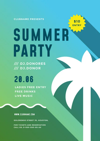Summer beach party flyer or poster template modern typography style design. — Stock Vector
