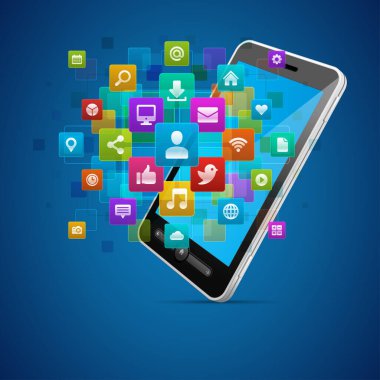 Sosyal medya simgeleri ve mobil akıllı telefon vektör arkaplanı.