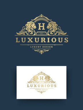 Lüks logo monogram vintage vignette çiçekli süslemeler ibikli vektör illüstrasyonu.