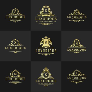 Lüks vintage süs logosu monogram arma şablonları tasarım vektör illüstrasyonu