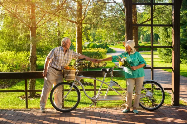 Senior mensen in de buurt van tandem fiets. — Stockfoto