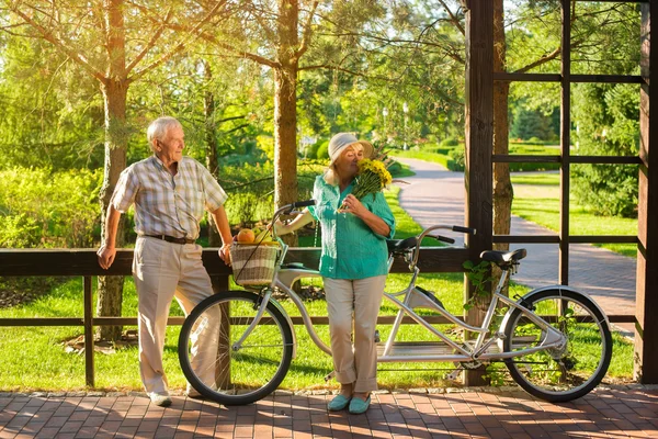 Senior paar en tandem fiets. — Stockfoto
