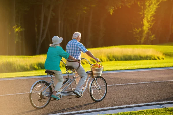 Senior couple on tandem bicycle.