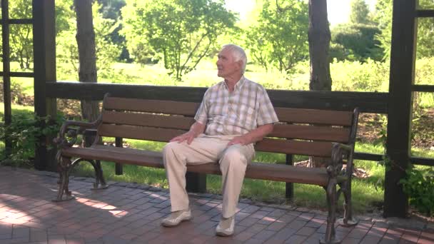 Старик сидит на скамейке . — стоковое видео